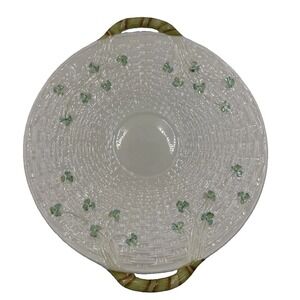 Vintage Belleek Shamrock Basket Weave Handled Cake Serving Platter Plate EXC.